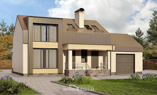 150-015-Л Проект двухэтажного дома с мансардным этажом и гаражом, бюджетный загородный дом из арболита Улан-Удэ | Проекты домов от House Expert