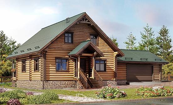 270-002-П Проект двухэтажного дома мансардный этаж и гаражом, современный загородный дом из бревен, Северобайкальск